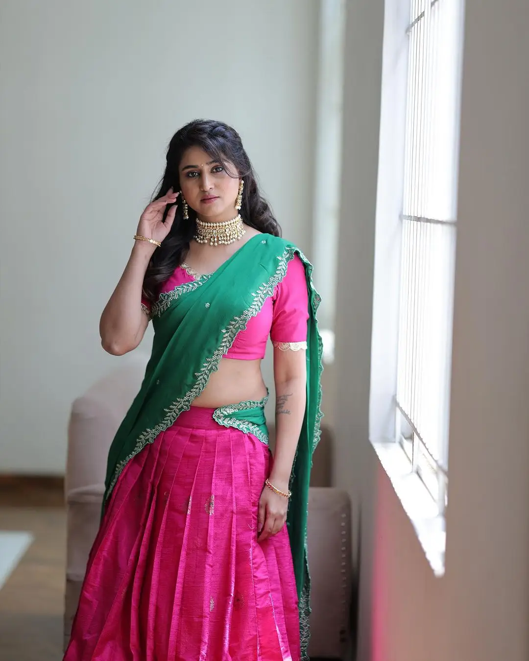 VARSHINI SOUNDERAJAN IN PINK LEHENGA GREEN VONI CHOLI 4